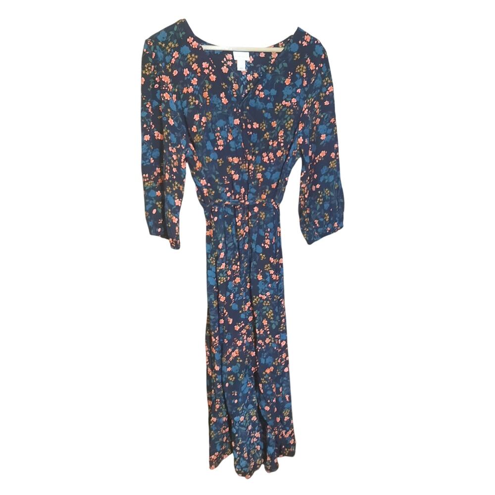Ava & Viv Womens Blue Floral Print 3/4 Sleeve V-Neck Matching Belt Maxi Size X